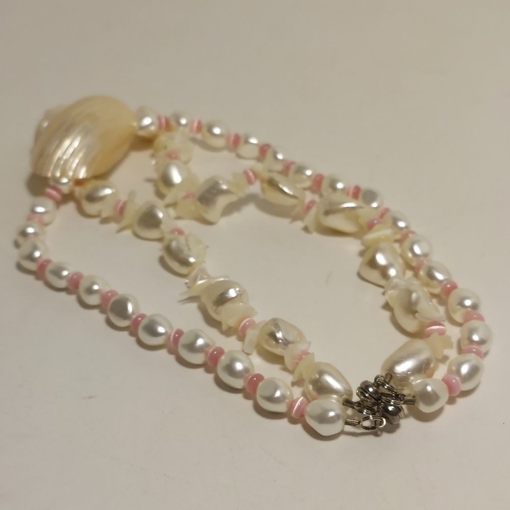 Freshwater Pearls & Pink Beads Shell Pendant Necklace Double Strand Magnetic - Picture 4 of 13